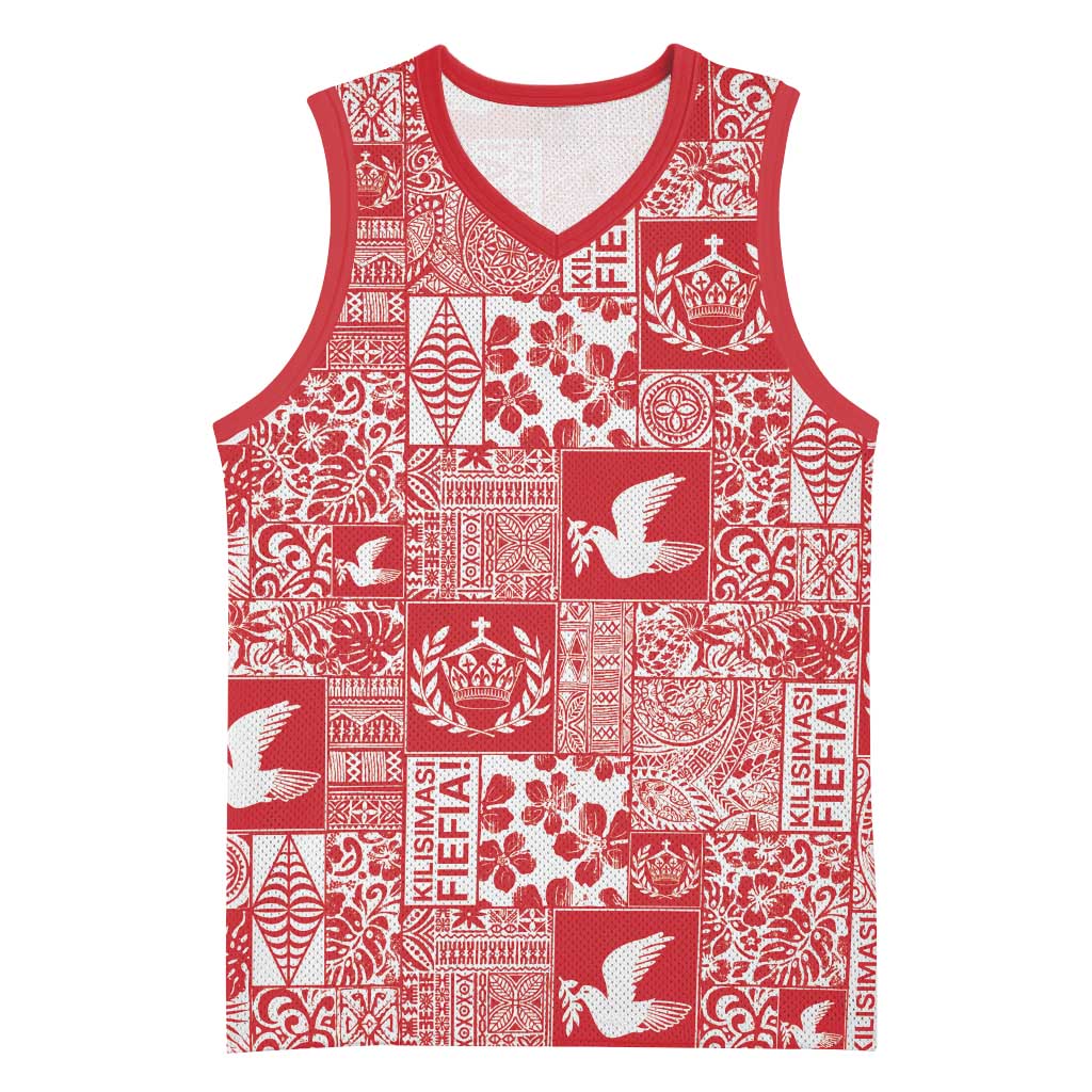 Red Tonga Kilisimasi Fiefia Basketball Jersey Pacific Patchwork Xmas Vibes LT9 Unisex Red - Polynesian Pride