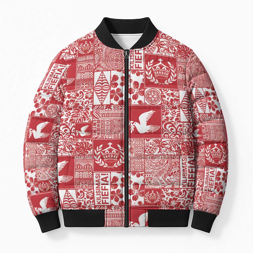 Red Tonga Kilisimasi Fiefia Bomber Puffer Jacket Pacific Patchwork Xmas Vibes LT9 Unisex Red - Polynesian Pride