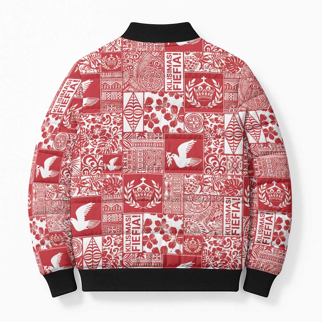 Red Tonga Kilisimasi Fiefia Bomber Puffer Jacket Pacific Patchwork Xmas Vibes LT9 - Polynesian Pride