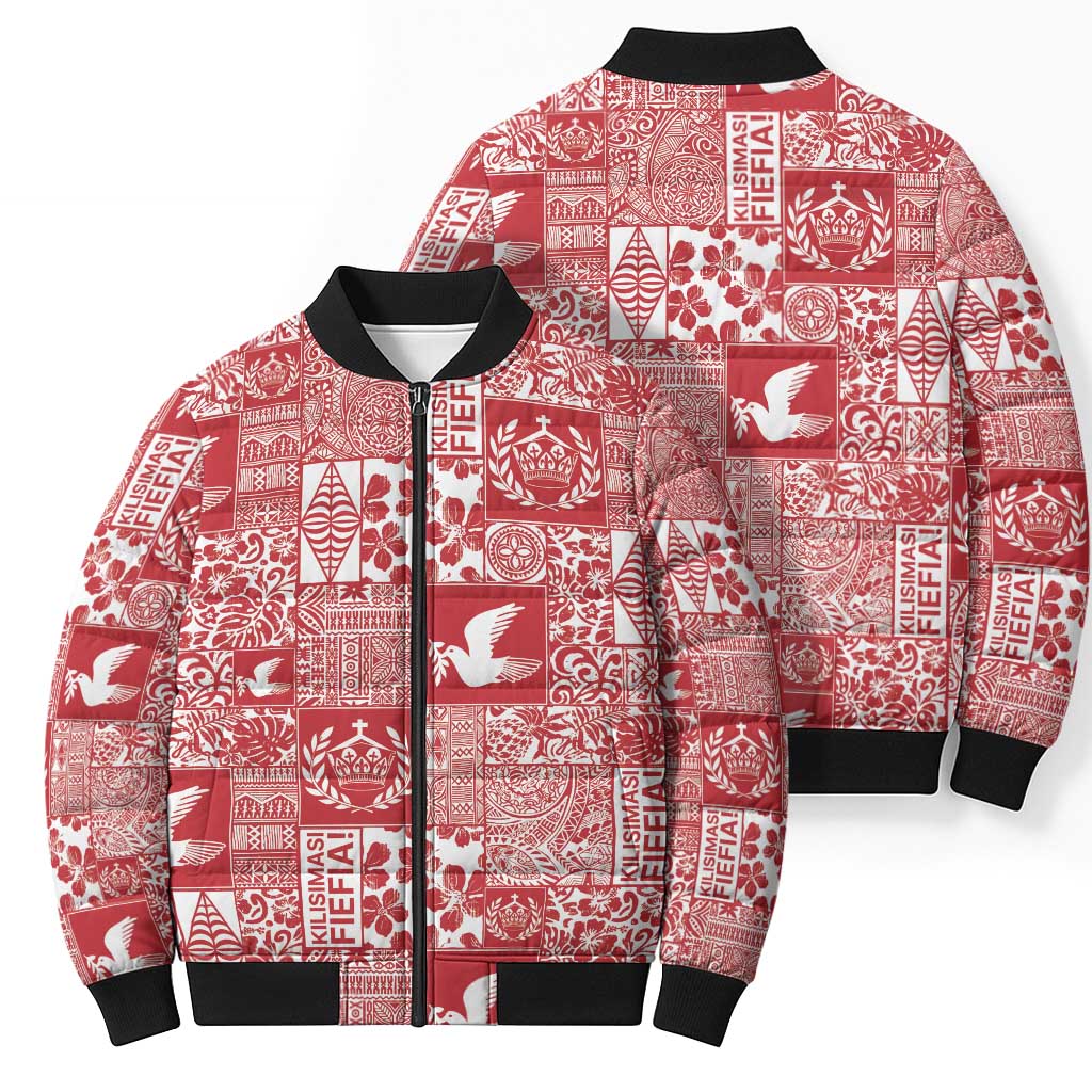 Red Tonga Kilisimasi Fiefia Bomber Puffer Jacket Pacific Patchwork Xmas Vibes LT9 - Polynesian Pride