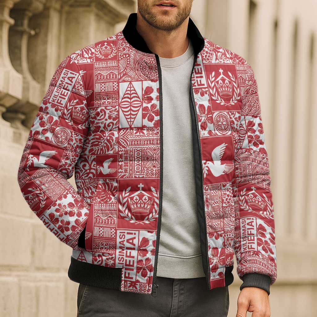 Red Tonga Kilisimasi Fiefia Bomber Puffer Jacket Pacific Patchwork Xmas Vibes LT9 - Polynesian Pride
