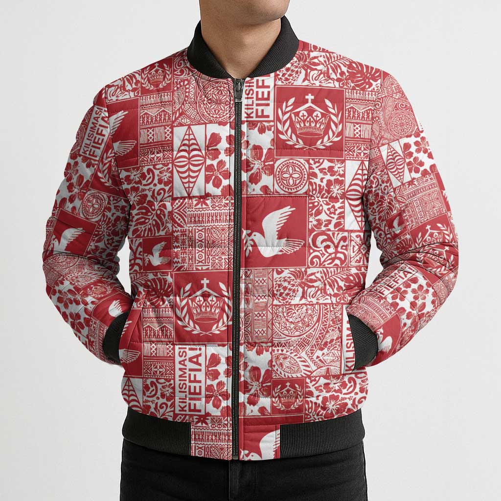Red Tonga Kilisimasi Fiefia Bomber Puffer Jacket Pacific Patchwork Xmas Vibes LT9 - Polynesian Pride
