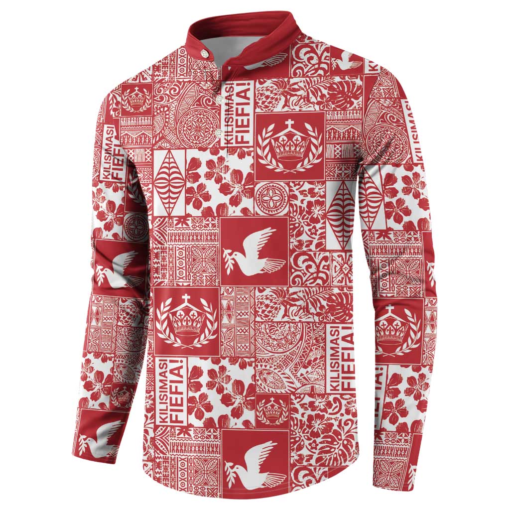 Red Tonga Kilisimasi Fiefia Button Sweatshirt Pacific Patchwork Xmas Vibes LT9 - Polynesian Pride