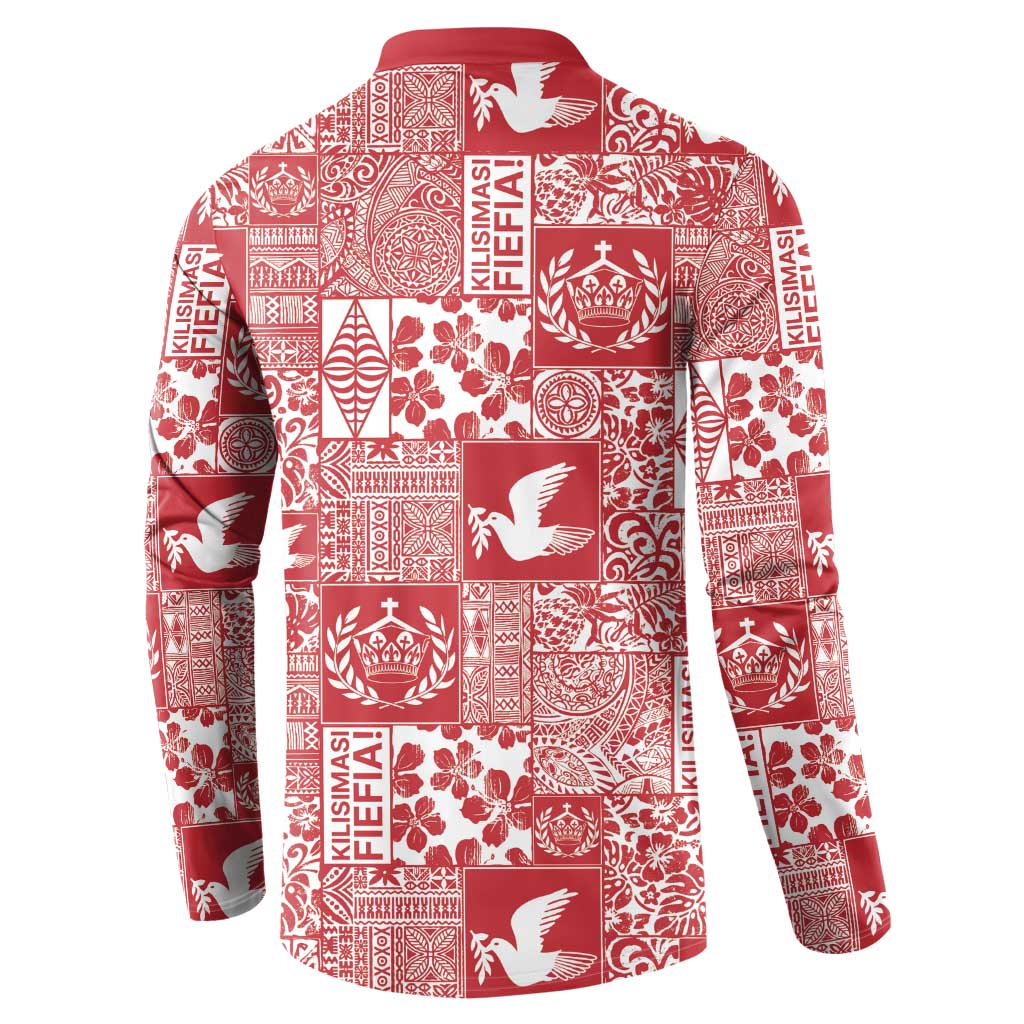 Red Tonga Kilisimasi Fiefia Button Sweatshirt Pacific Patchwork Xmas Vibes LT9 - Polynesian Pride