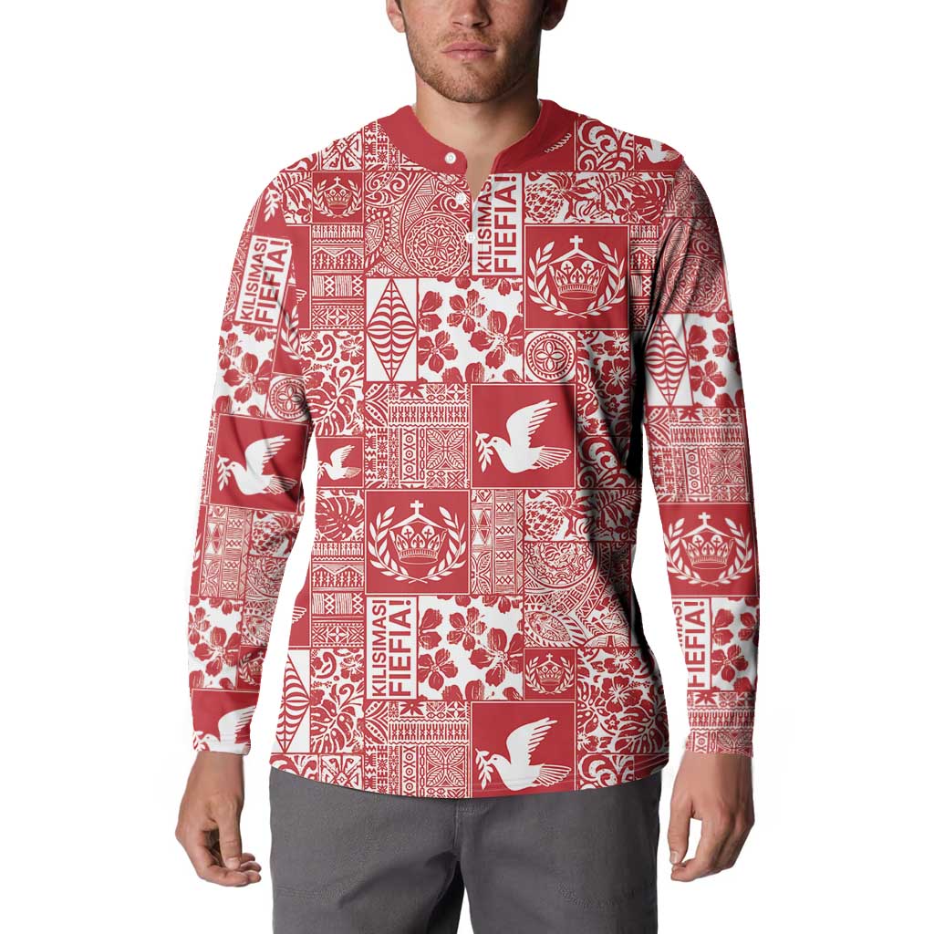 Red Tonga Kilisimasi Fiefia Button Sweatshirt Pacific Patchwork Xmas Vibes LT9 - Polynesian Pride