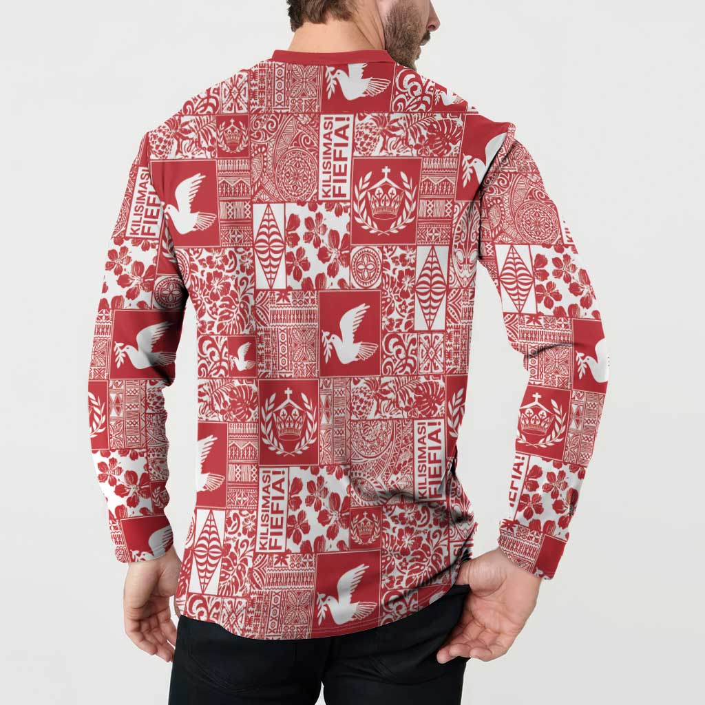 Red Tonga Kilisimasi Fiefia Button Sweatshirt Pacific Patchwork Xmas Vibes LT9 - Polynesian Pride