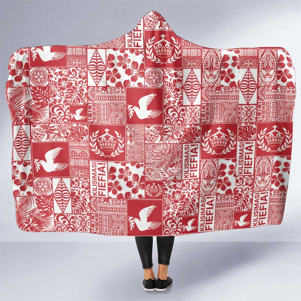 Red Tonga Kilisimasi Fiefia Hooded Blanket Pacific Patchwork Xmas Vibes LT9 One Size Red - Polynesian Pride
