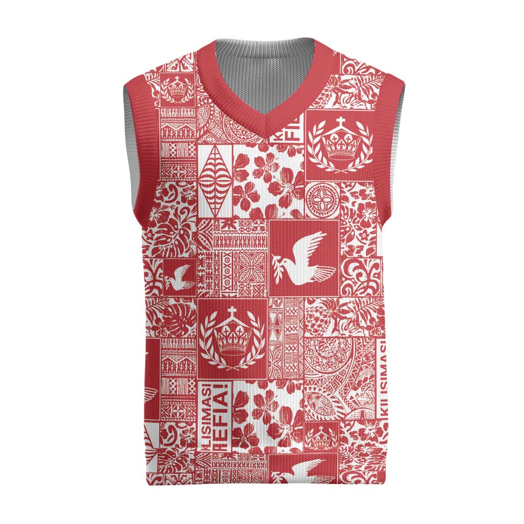 Red Tonga Kilisimasi Fiefia Christmas Knitted V-Neck Vest Pacific Patchwork Xmas Vibes LT9 Red - Polynesian Pride