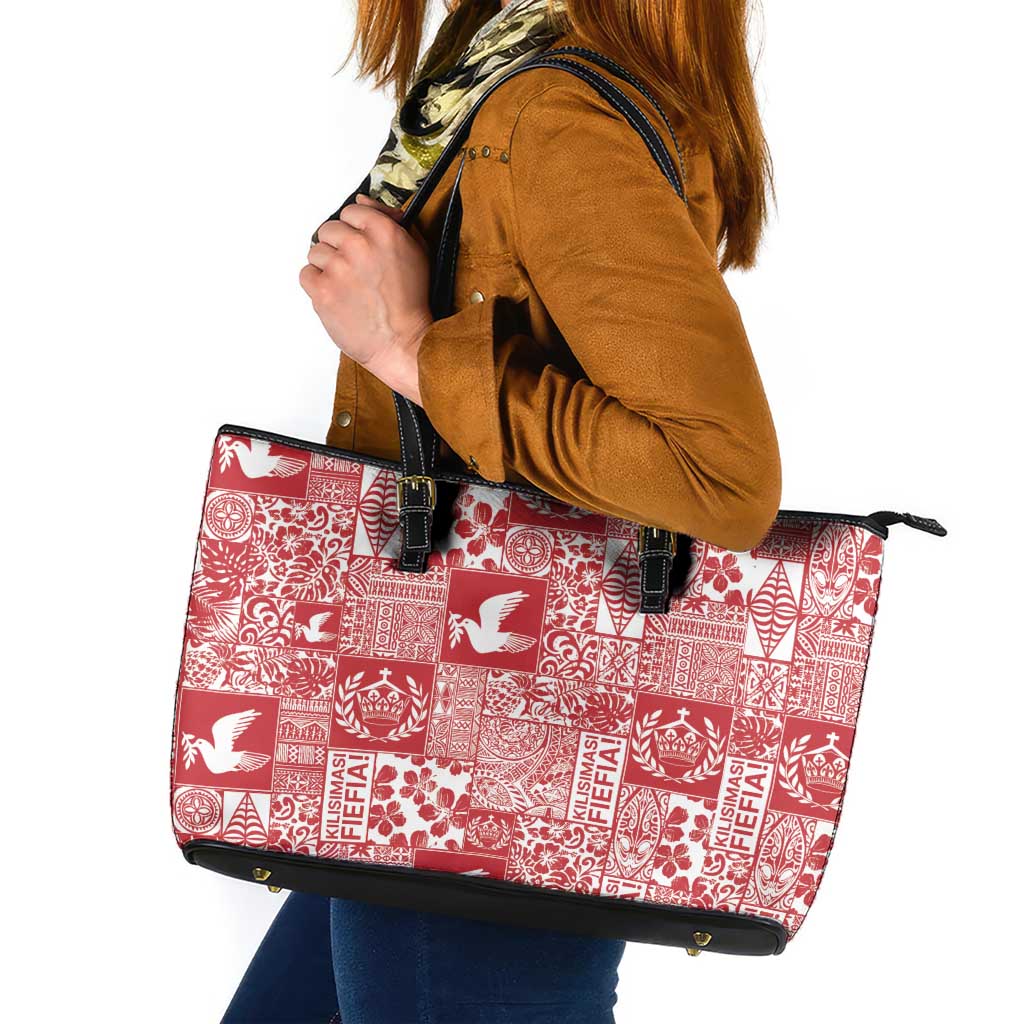 Red Tonga Kilisimasi Fiefia Leather Tote Bag Pacific Patchwork Xmas Vibes LT9 Red - Polynesian Pride