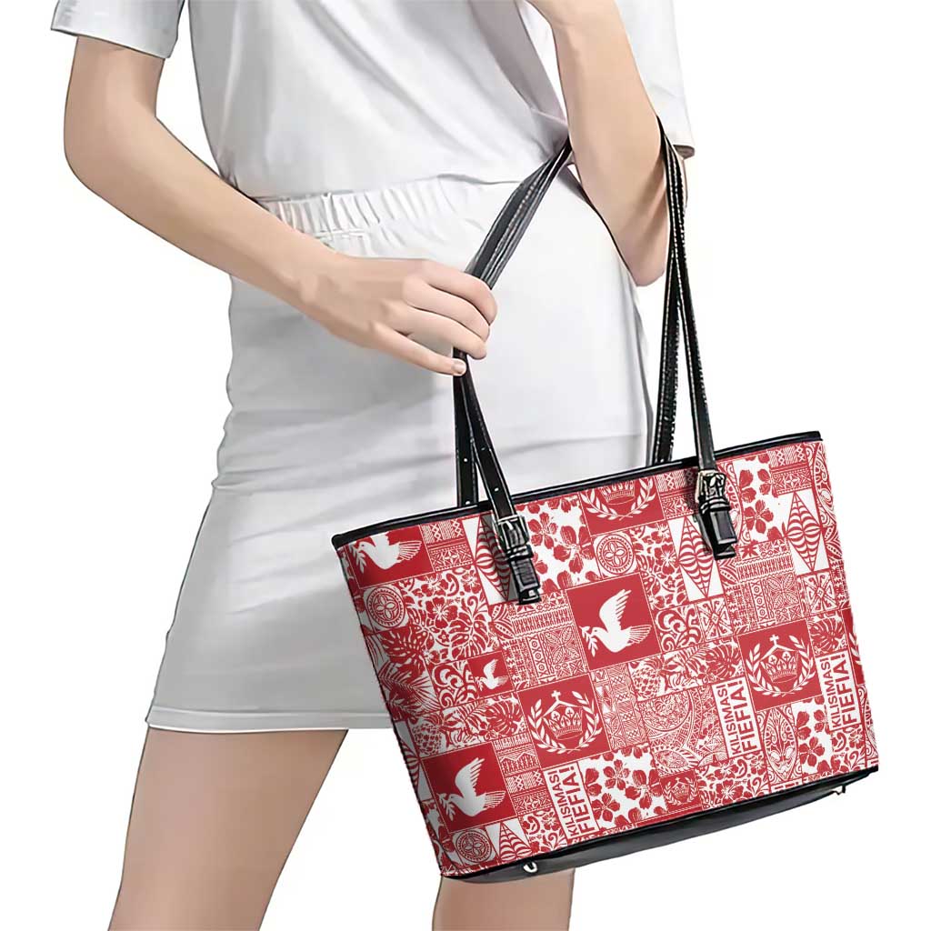 Red Tonga Kilisimasi Fiefia Leather Tote Bag Pacific Patchwork Xmas Vibes LT9 - Polynesian Pride