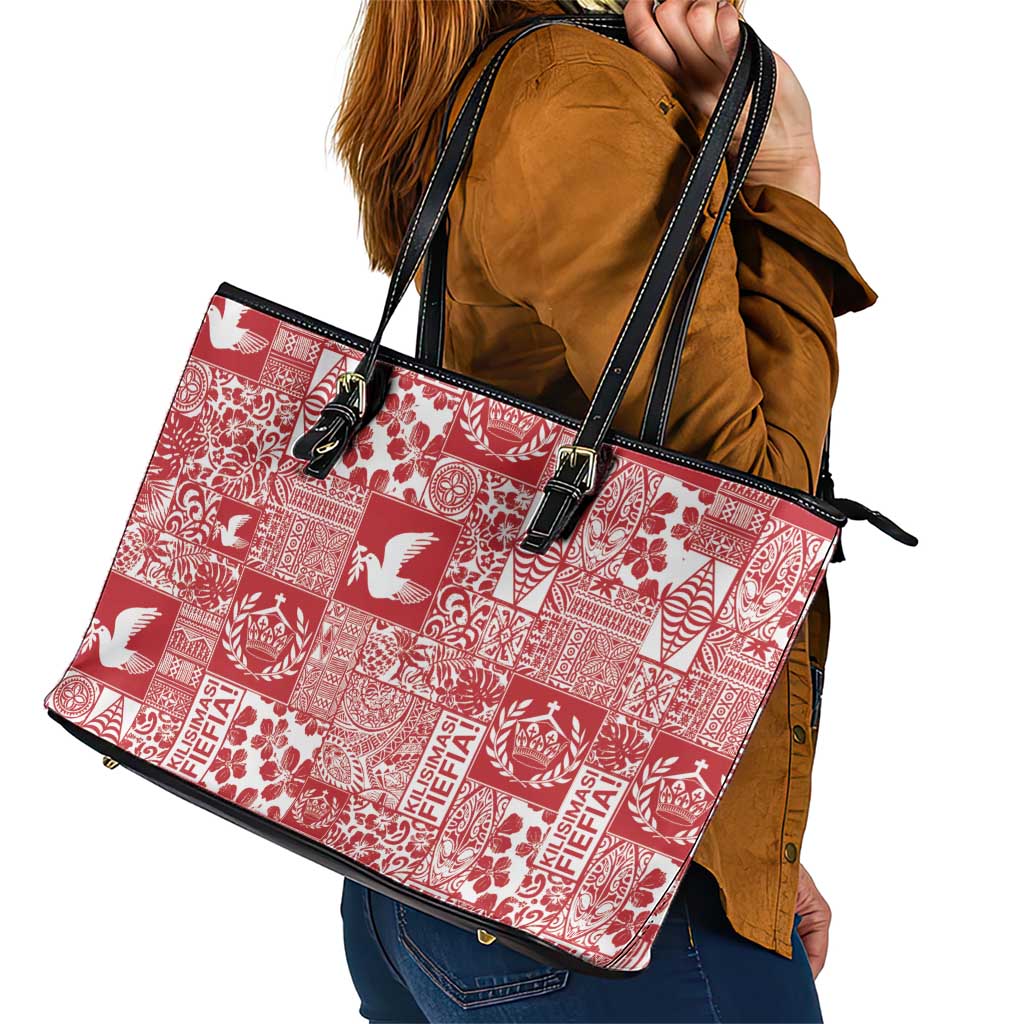 Red Tonga Kilisimasi Fiefia Leather Tote Bag Pacific Patchwork Xmas Vibes LT9 - Polynesian Pride