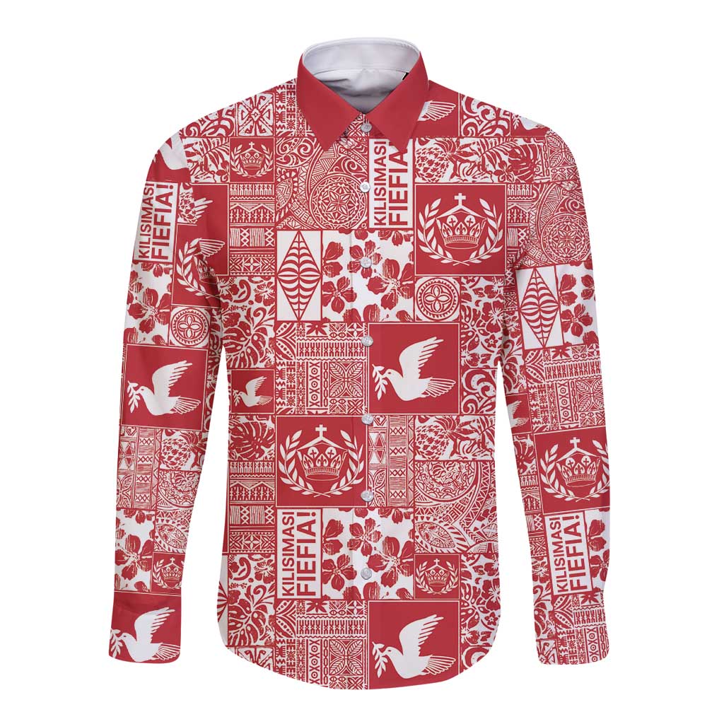 Red Tonga Kilisimasi Fiefia Long Sleeve Button Shirt Pacific Patchwork Xmas Vibes LT9 Unisex Red - Polynesian Pride