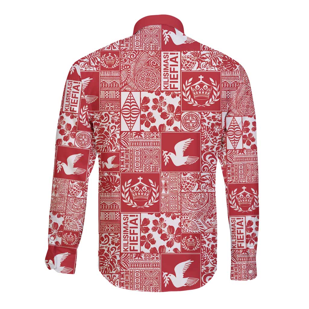 Red Tonga Kilisimasi Fiefia Long Sleeve Button Shirt Pacific Patchwork Xmas Vibes LT9 - Polynesian Pride