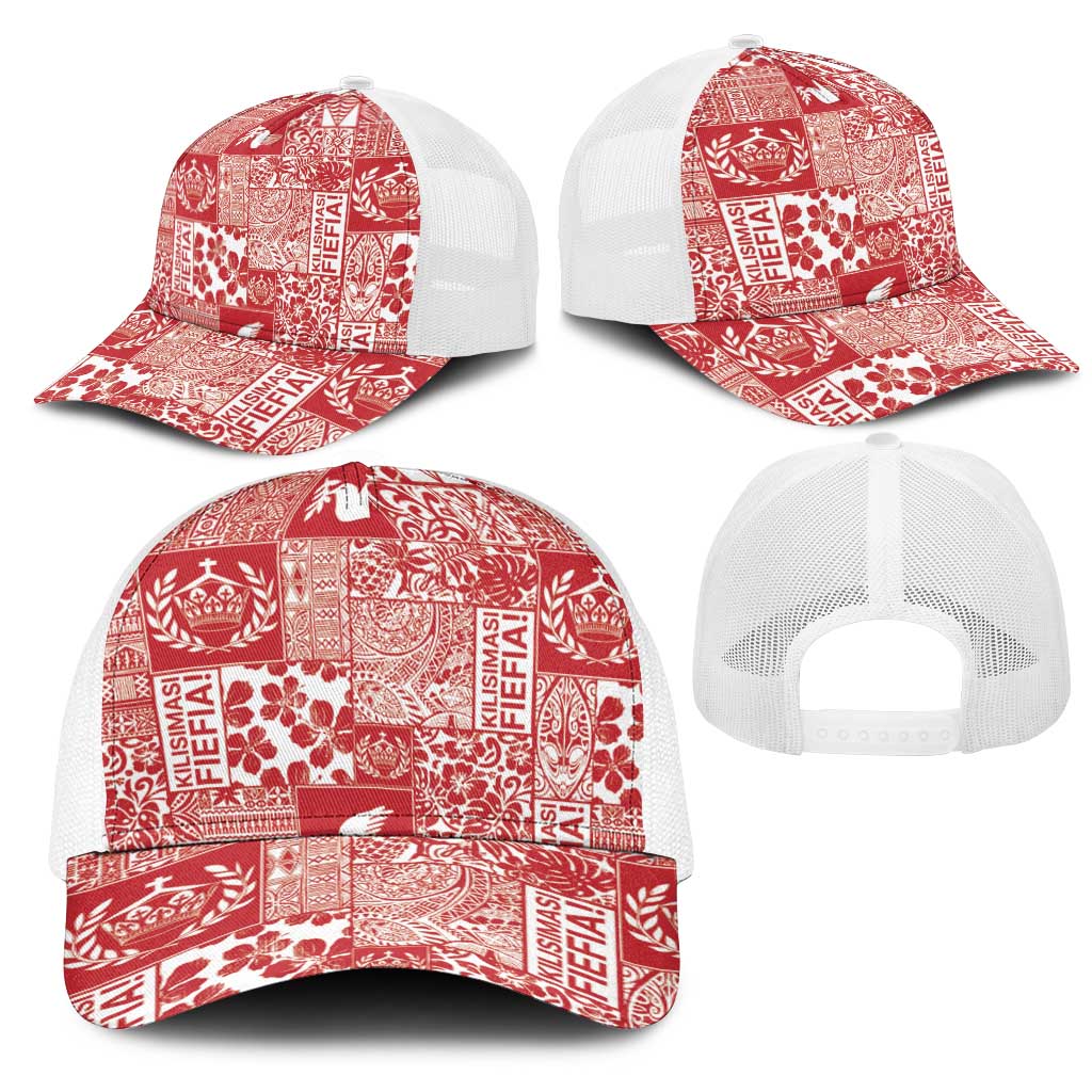 Red Tonga Kilisimasi Fiefia Mesh Trucker Cap Pacific Patchwork Xmas Vibes LT9 - Polynesian Pride