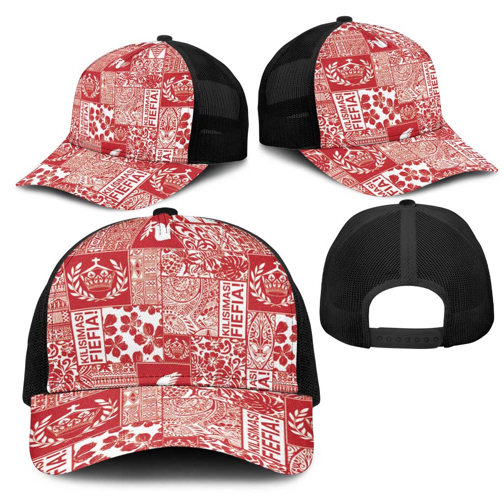 Red Tonga Kilisimasi Fiefia Mesh Trucker Cap Pacific Patchwork Xmas Vibes LT9 - Polynesian Pride
