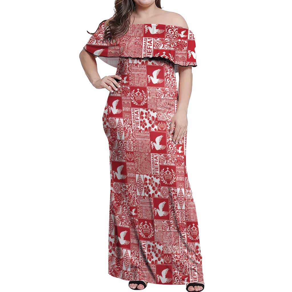 Red Tonga Kilisimasi Fiefia Off Shoulder Maxi Dress Pacific Patchwork Xmas Vibes LT9 Women Red - Polynesian Pride