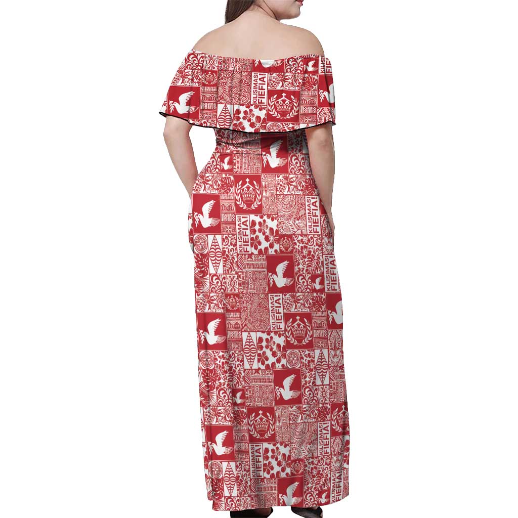 Red Tonga Kilisimasi Fiefia Off Shoulder Maxi Dress Pacific Patchwork Xmas Vibes LT9 - Polynesian Pride
