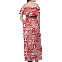 Red Tonga Kilisimasi Fiefia Off Shoulder Maxi Dress Pacific Patchwork Xmas Vibes LT9 - Polynesian Pride