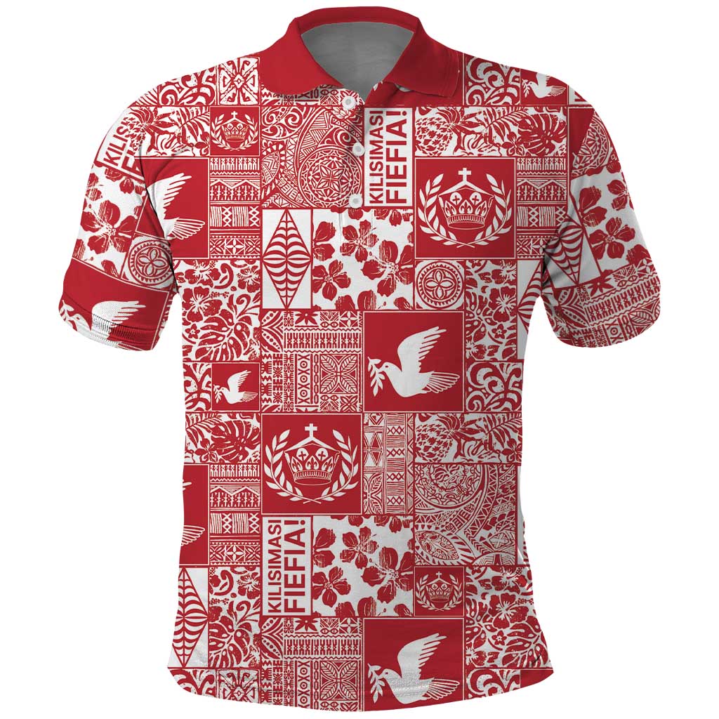 Red Tonga Kilisimasi Fiefia Polo Shirt Pacific Patchwork Xmas Vibes LT9 Red - Polynesian Pride