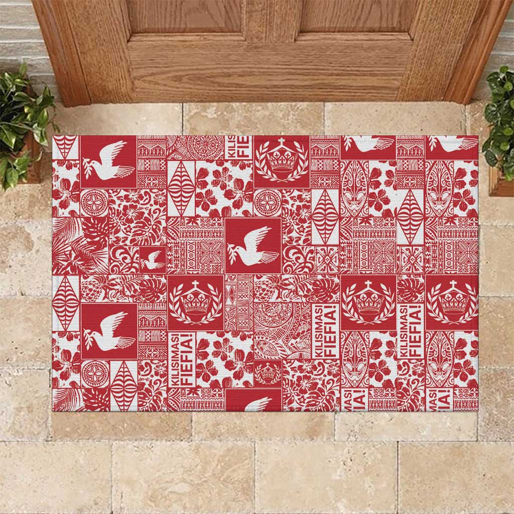 Red Tonga Kilisimasi Fiefia Rubber Doormat Pacific Patchwork Xmas Vibes LT9 Red - Polynesian Pride