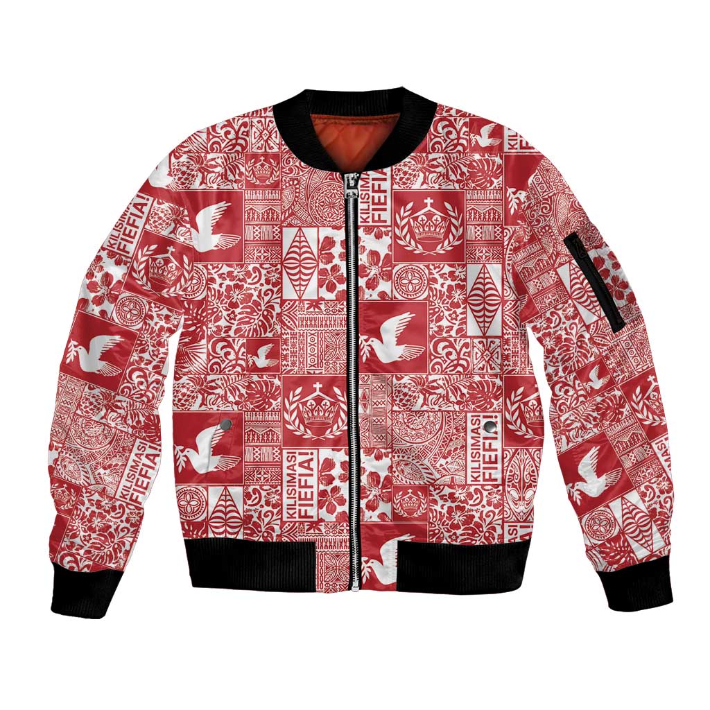 Red Tonga Kilisimasi Fiefia Sleeve Zip Bomber Jacket Pacific Patchwork Xmas Vibes LT9 Unisex Red - Polynesian Pride