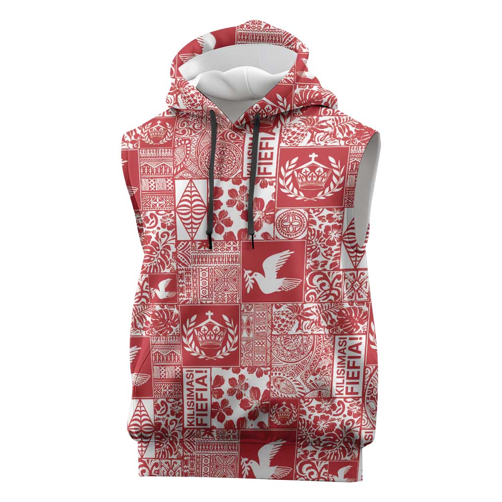 Red Tonga Kilisimasi Fiefia Sleeveless Hoodie Pacific Patchwork Xmas Vibes LT9 Red - Polynesian Pride