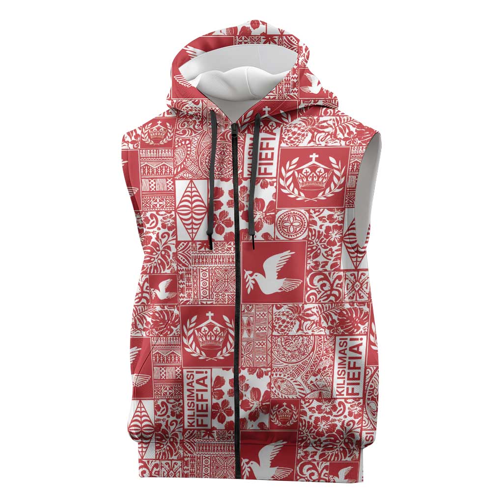 Red Tonga Kilisimasi Fiefia Sleeveless Zip Hoodie Pacific Patchwork Xmas Vibes LT9 Red - Polynesian Pride