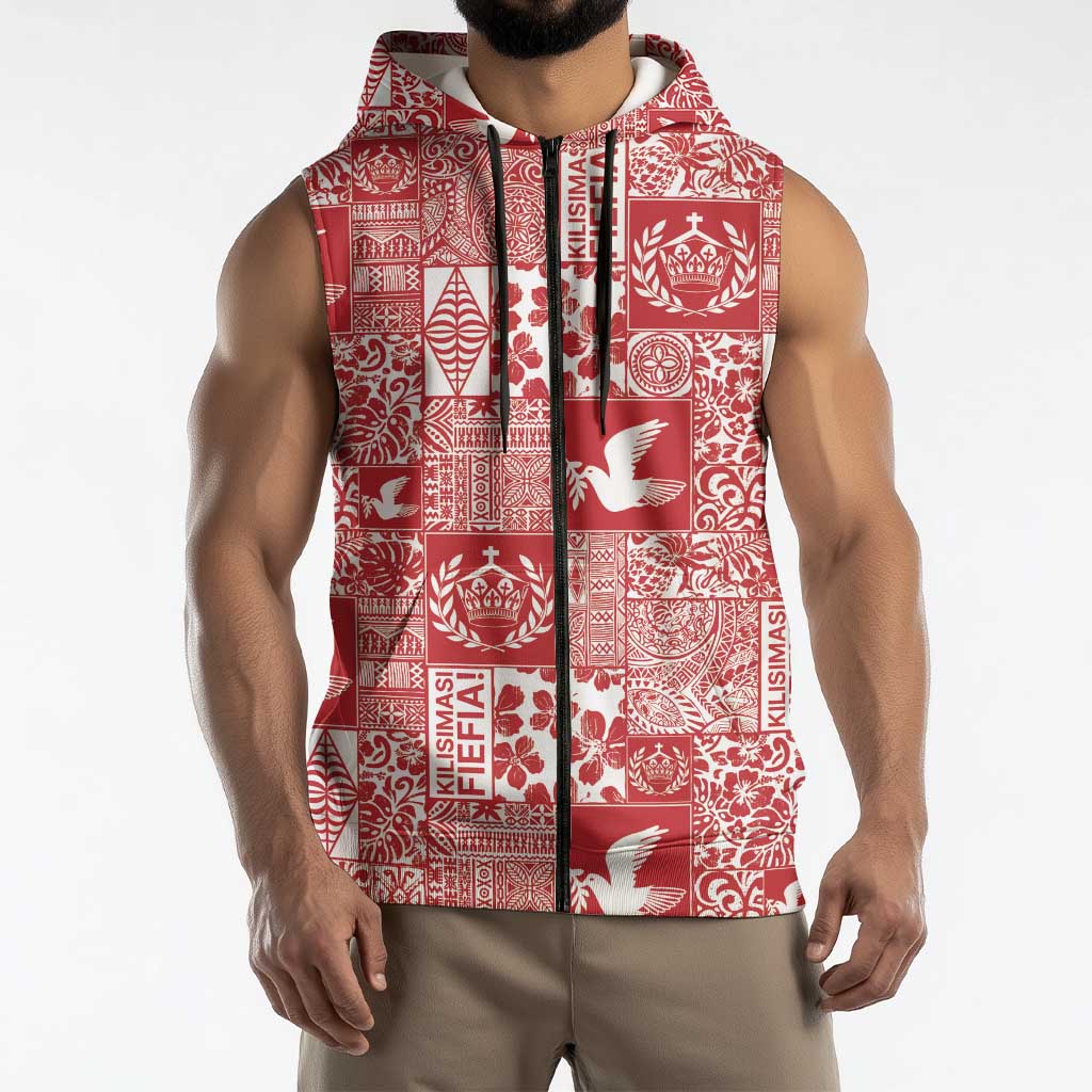 Red Tonga Kilisimasi Fiefia Sleeveless Zip Hoodie Pacific Patchwork Xmas Vibes LT9 - Polynesian Pride