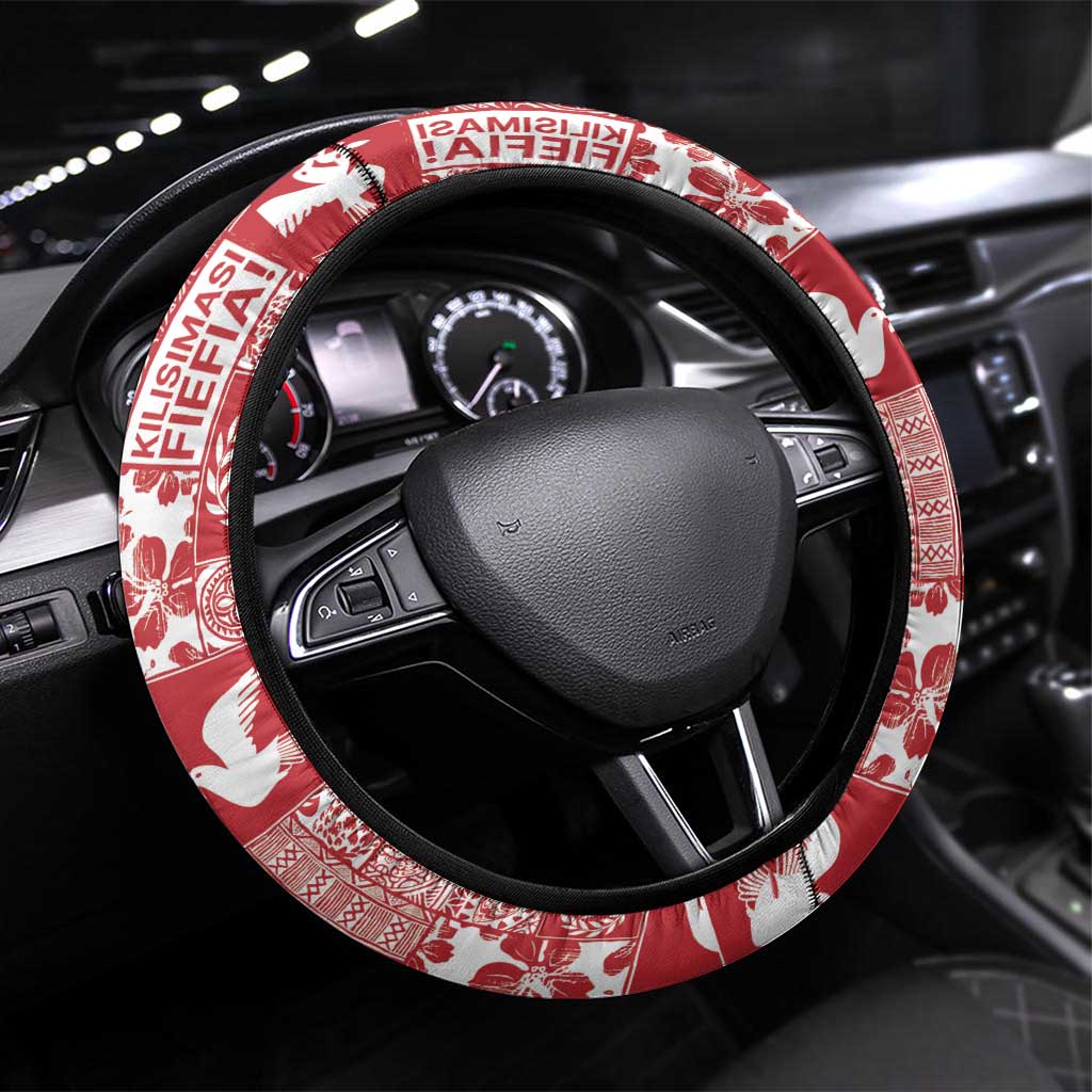 Red Tonga Kilisimasi Fiefia Steering Wheel Cover Pacific Patchwork Xmas Vibes LT9 Universal Fit Red - Polynesian Pride