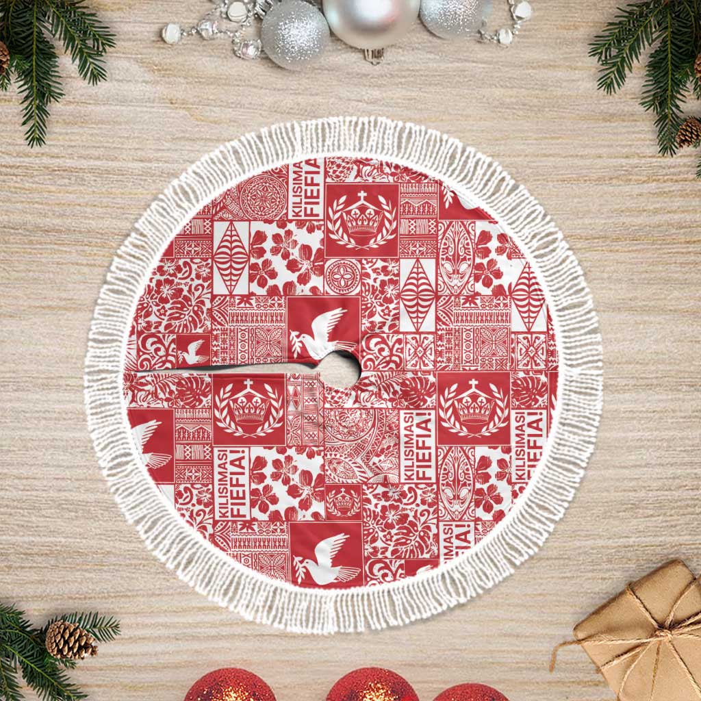Red Tonga Kilisimasi Fiefia Tree Skirt Pacific Patchwork Xmas Vibes LT9 Fringed Red - Polynesian Pride