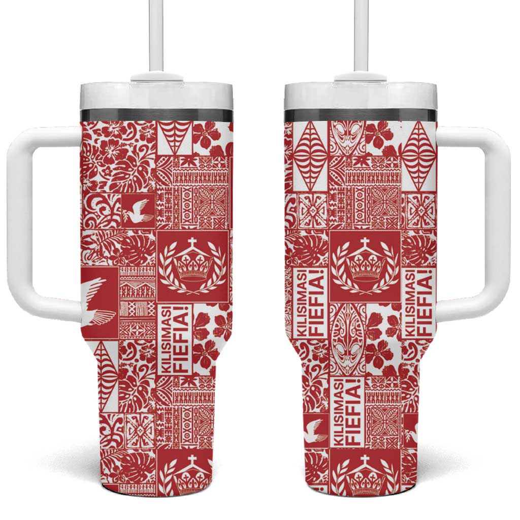 Red Tonga Kilisimasi Fiefia Tumbler With Handle Pacific Patchwork Xmas Vibes LT9 One Size: 40 oz Red - Polynesian Pride
