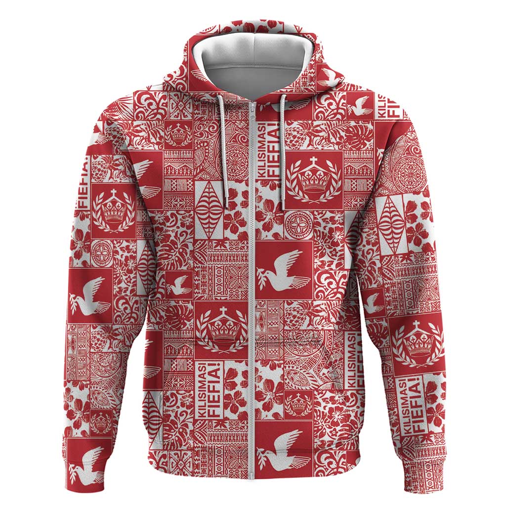 Red Tonga Kilisimasi Fiefia Zip Hoodie Pacific Patchwork Xmas Vibes LT9 Zip Hoodie Red - Polynesian Pride