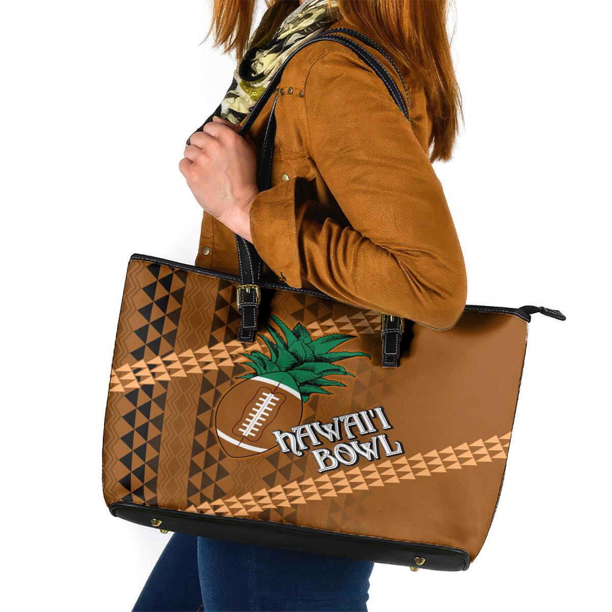 Custom Hawaii Honolulu Bowl Leather Tote Bag With Kakau Tribal Pattern LT9 Brown - Polynesian Pride