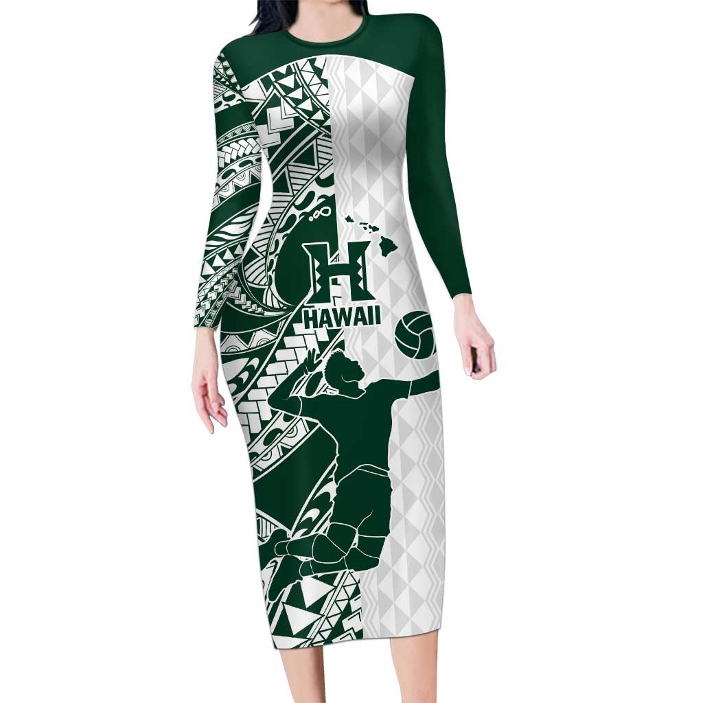 Polynesian Hawaii Volleyball Custom Long Sleeve Bodycon Dress Kakau with Sport Style LT9 Long Dress White - Polynesian Pride