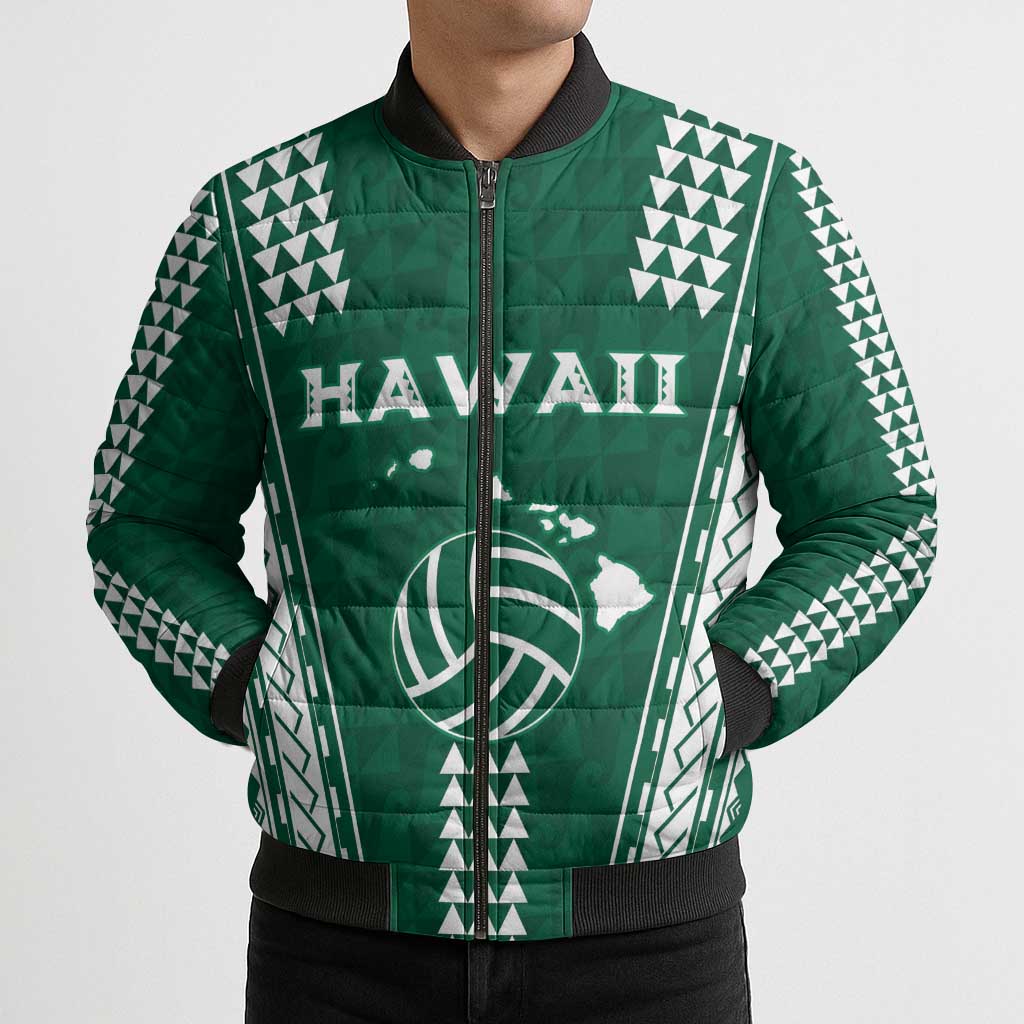 Polynesian Hawaii Volleyball Custom Bomber Puffer Jacket Green Kakau with Map Motif LT9 - Polynesian Pride