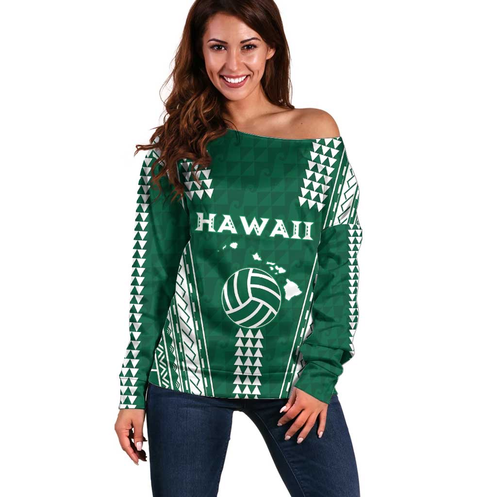 Polynesian Hawaii Volleyball Custom Off Shoulder Sweater Green Kakau with Map Motif LT9 Women Green - Polynesian Pride