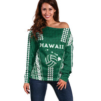 Polynesian Hawaii Volleyball Custom Off Shoulder Sweater Green Kakau with Map Motif LT9 Women Green - Polynesian Pride