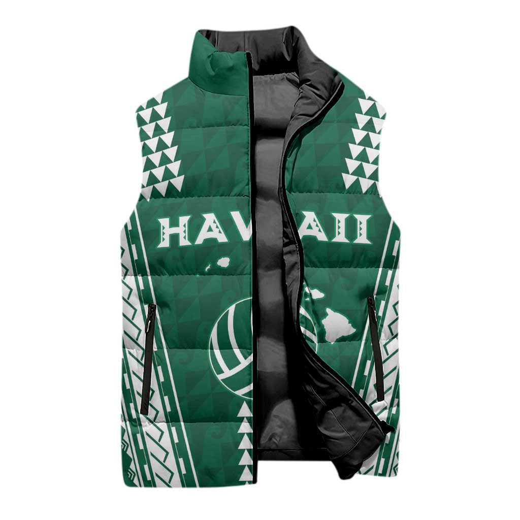 Polynesian Hawaii Volleyball Custom Sleeveless Puffer Jacket Green Kakau with Map Motif LT9 - Polynesian Pride
