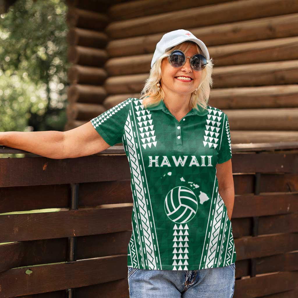 Polynesian Hawaii Volleyball Custom Women Polo Shirt Green Kakau with Map Motif LT9 - Polynesian Pride