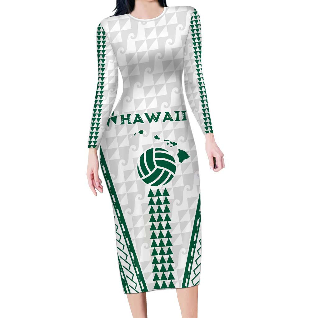 Polynesian Hawaii Volleyball Custom Long Sleeve Bodycon Dress White Kakau with Map Motif LT9 Long Dress White - Polynesian Pride
