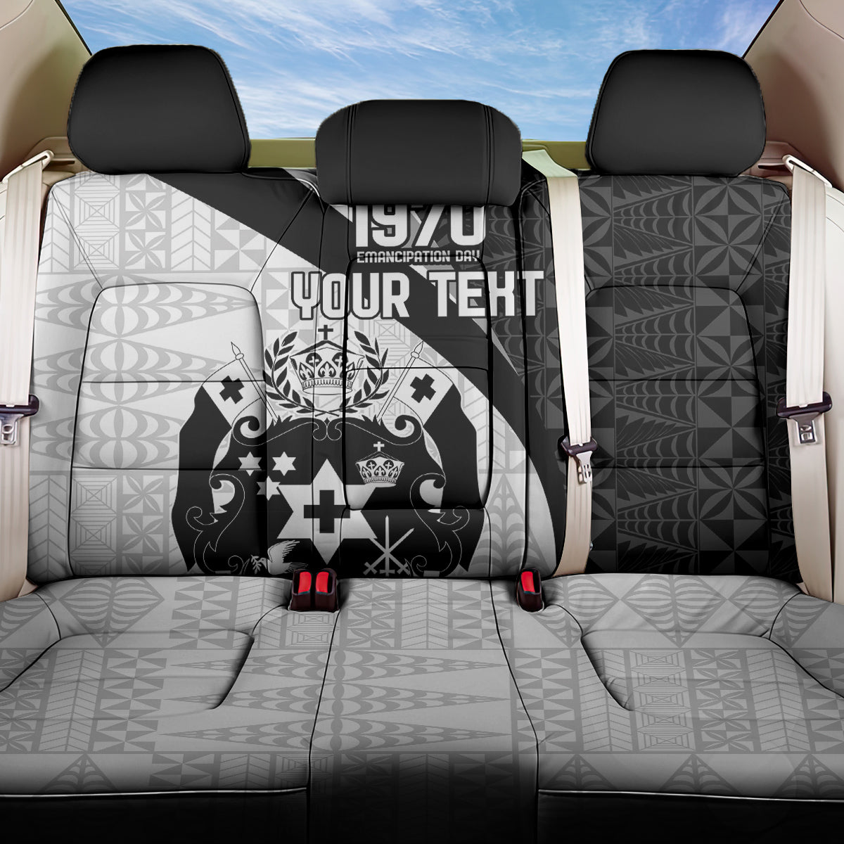 Personalised Tonga Emancipation Day Back Car Seat Cover Since 1970 Ngatu Tribal Pattern LT9 One Size Black - Polynesian Pride