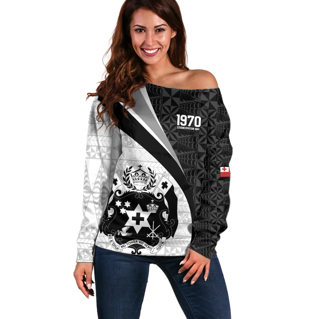 Personalised Tonga Emancipation Day Off Shoulder Sweater Since 1970 Ngatu Tribal Pattern LT9 Women Black - Polynesian Pride