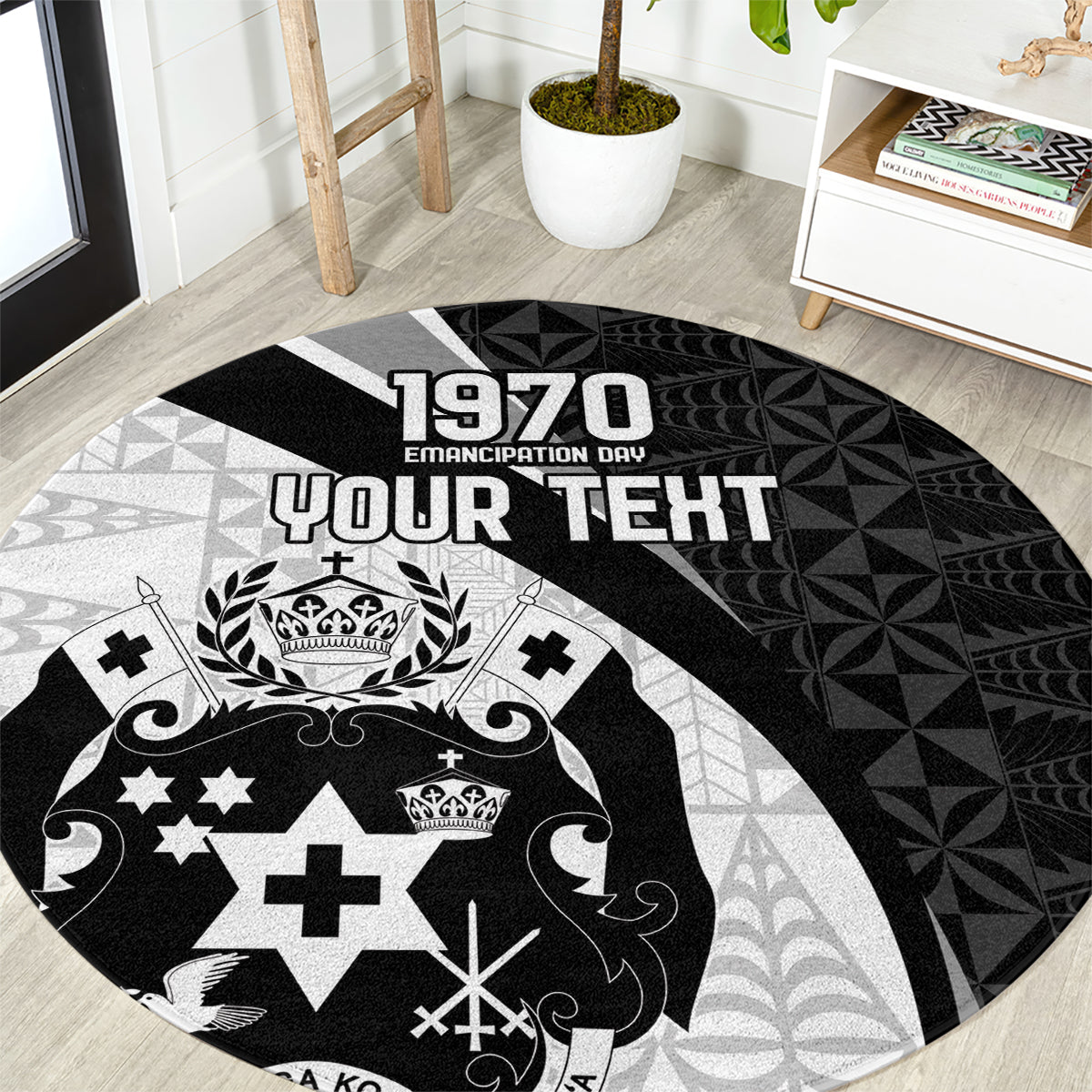 Personalised Tonga Emancipation Day Round Carpet Since 1970 Ngatu Tribal Pattern LT9 Black - Polynesian Pride