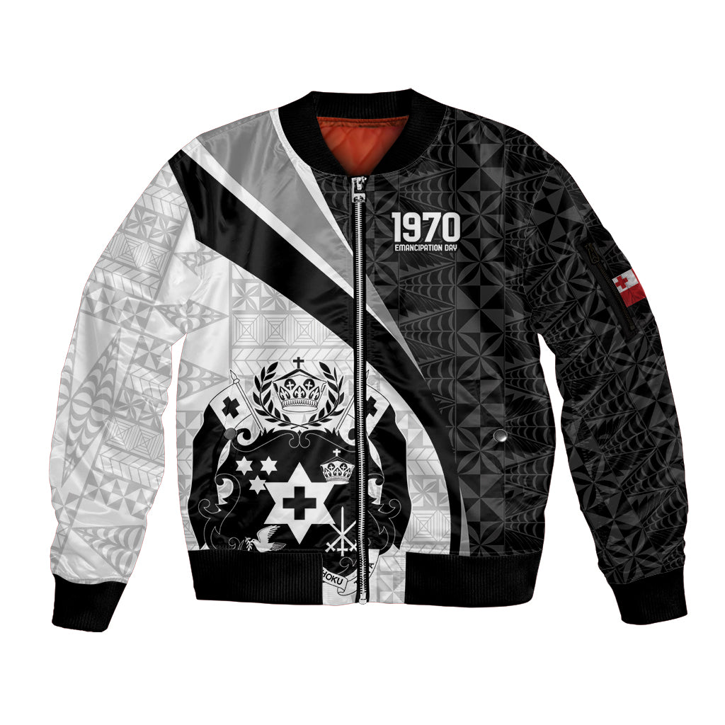 Personalised Tonga Emancipation Day Sleeve Zip Bomber Jacket Since 1970 Ngatu Tribal Pattern LT9 Unisex Black - Polynesian Pride