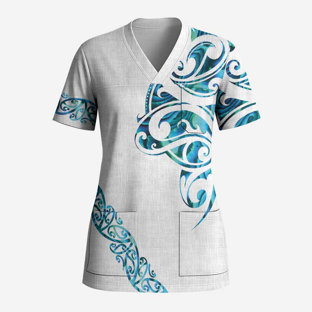 All White Maori Tribal Tattoo Personalised Scrub Top Polynesian Style LT9 Adult White - Polynesian Pride