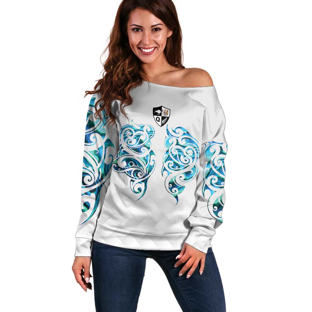 Queensland Maori Kiwi Personalised Off Shoulder Sweater Ma Kakariki Papua Shell Maori Tribal Tattoo LT9 Women White - Polynesian Pride