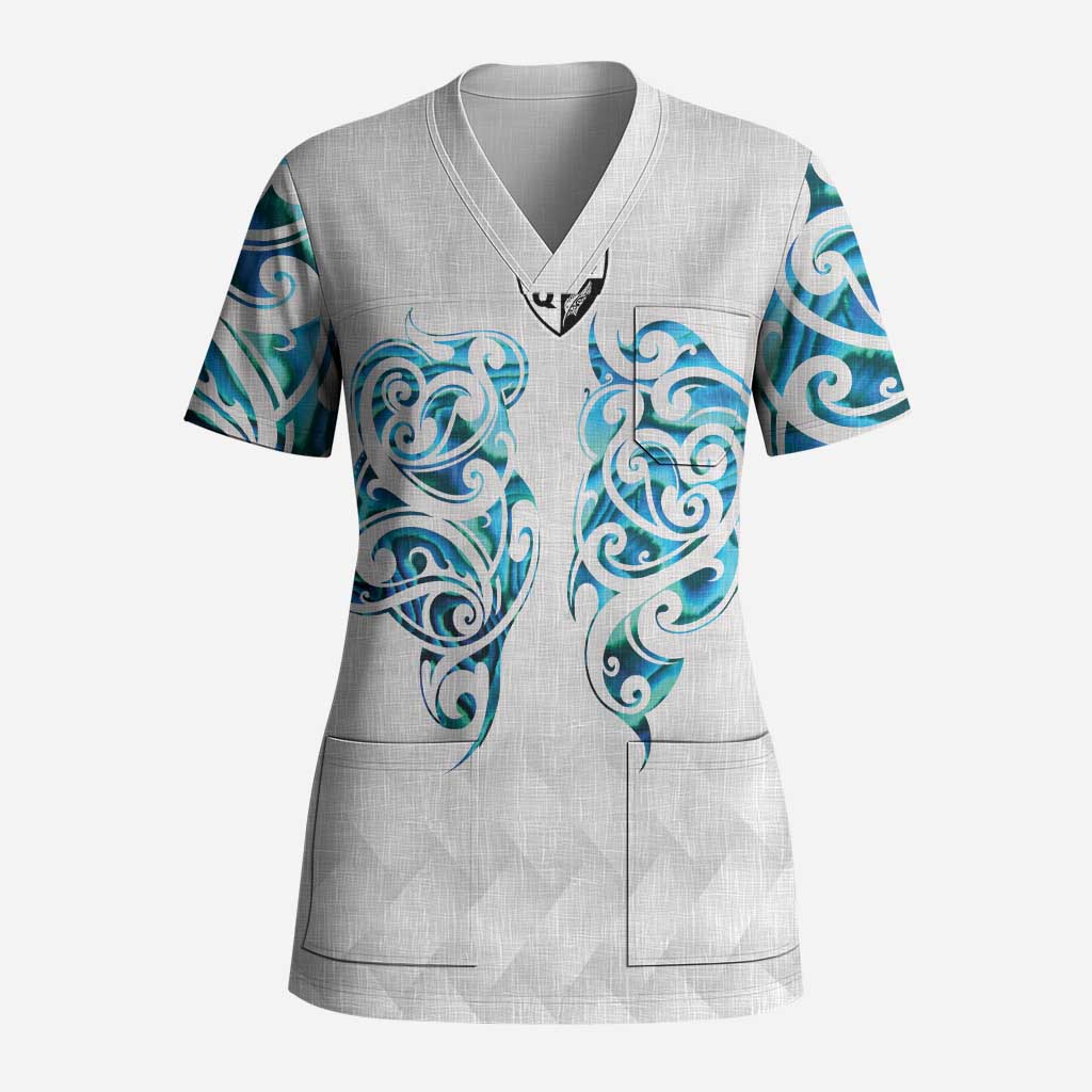 Queensland Maori Kiwi Personalised Scrub Top Ma Kakariki Papua Shell Maori Tribal Tattoo LT9 Adult White - Polynesian Pride