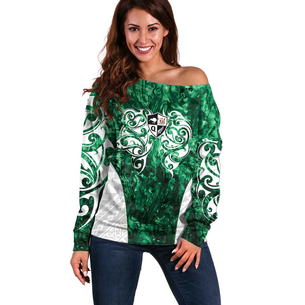 Queensland Maori Kiwi Personalised Off Shoulder Sweater Kikirangi Papua Shell Maori Tribal Tattoo LT9 Women Green - Polynesian Pride
