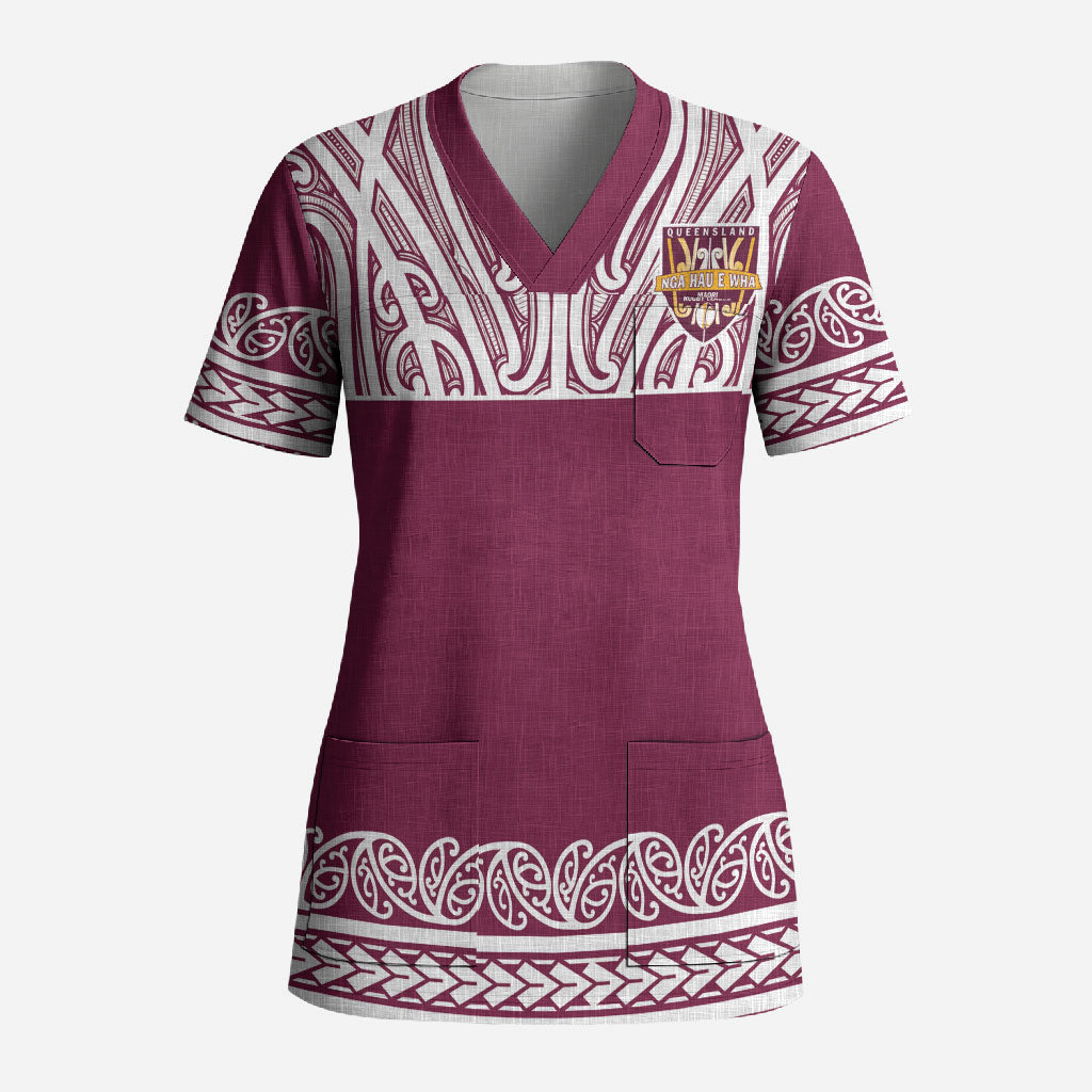Queensland Maori Nga Hau E Wha Custom Scrub Top Polynesian Maori Tribal Pattern LT9 Adult Maroon - Polynesian Pride