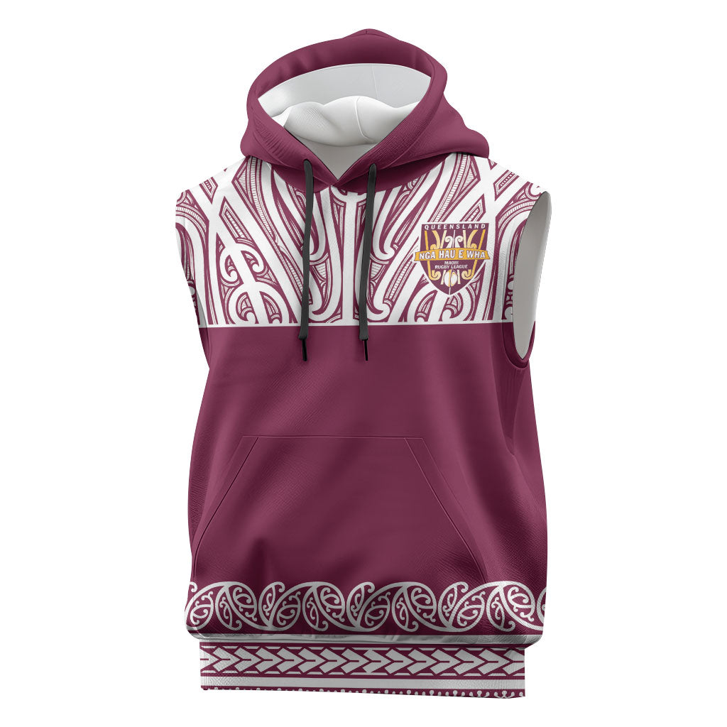 Queensland Maori Nga Hau E Wha Custom Sleeveless Hoodie Polynesian Maori Tribal Pattern LT9 Maroon - Polynesian Pride
